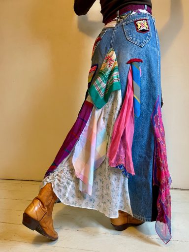 Long skirt of scarves and scraps