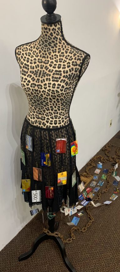 Skirt bedecked with credit cards
